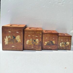 Vintage Wooden Rooster Canister Set 4pc Nesting Kitchen Storage Farmhouse Decor